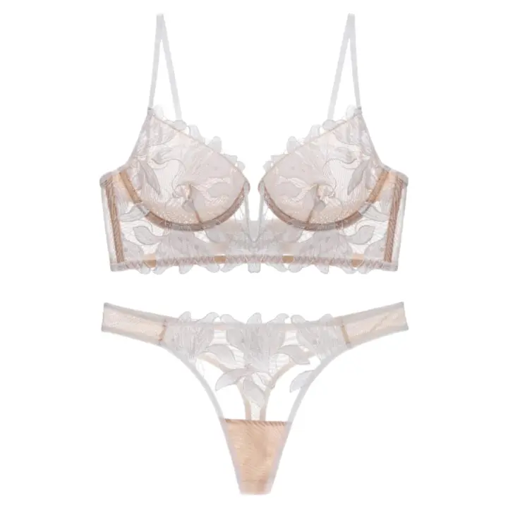 Conjunto de bragas y sujetador de encaje de malla con flores bordadas florales sexys Conjunto de lencería push-up para mujer - 1