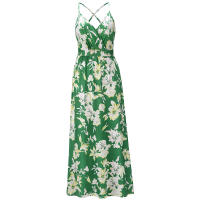 Vestidos largos con cuello en V para mujer, sin mangas, cintura alta, playa, Maxi, estampado verde S - details 5