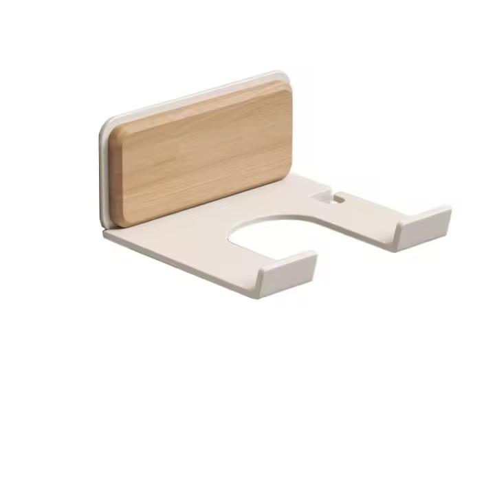 Soporte para secador de pelo de madera sin perforación, soporte de pared autoadhesivo, estante de almacenamiento para secador de pelo, resistente al agua, fácil instalación - 1