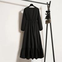Vestido largo ajustado a la cintura con jersey de manga larga de color liso para mujer - details 13