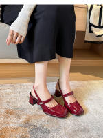 Bolsa francesa cabeza tacón medio solo zapatos nuevo estilo de hadas cabeza cuadrada tacón grueso Mary Jane trasero vacío solo zapatos - details 28