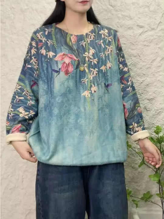 Jersey de gran tamaño con estampado Floral para mujer, suéteres cálidos, sueltos, clásicos, informales, moda coreana, lujo, Invierno - 1