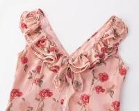 Vestido largo de gasa estampado con volantes, escote en V doble, estilo chaleco, cola de pez y falda paraguas, para vacaciones francesas. - details 3
