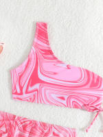 Traje de Baño de Cintura Alta con Hombro Único para Niñas Estampado de Ondas - details 3