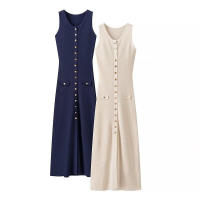 Vestido elegante de punto liso para mujer sin mangas, cuello redondo, botonadura sencilla con bolsillos - details 1