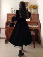 Vestido de terciopelo negro estilo francés Hepburn para mujer en otoño invierno, diseño corto y elegante y temperamento. Largo con cintura - details 1