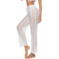Pantalones de pierna ancha calados con cordones para mujer, pantalón de pierna ancha, color Beige, de cintura alta, transparente, para vacaciones en la playa, color blanco y negro, verano - details 12