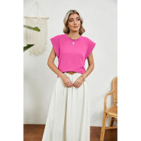 BUNO-2025 Tops para mujer, pantalón corto informal de moda de verano, camisetas básicas con textura a rayas de Color sólido y cuello redondo - details 59