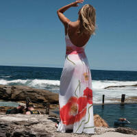 BUNO-Vestido Midi de malla con estampado Floral, traje largo con tirantes finos, cintura desnuda, a la moda, para vacaciones en la playa, Verano - details 9