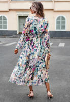 Vestido de manga larga con cuello en V estampado informal para vacaciones de otoño a la moda para mujer - details 9