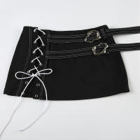 BUNO-Top corto ajustado negro sin mangas con hombros descubiertos, falda súper mini de cintura baja, ropa de calle de verano, conjunto de 2 piezas para mujer - details 16