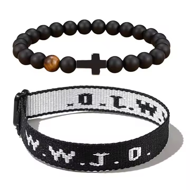 Pulsera de cuentas de punto jacquard con letras WWJD negras para hombre, joyería cristiana, 2 piezas por juego - 1