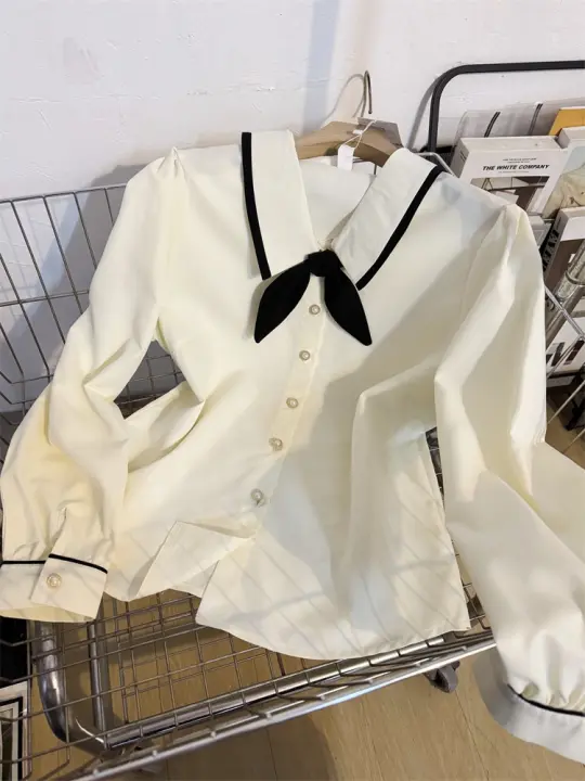 Blusas elegantes de diseño francés a la moda para mujer, blusas blancas básicas de estilo coreano lisas de manga larga elegantes para oficina con cuello Peter Pan - 1