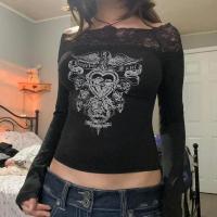 Camiseta de manga larga con hombros descubiertos y estampado de primavera y otoño para mujer - details 2