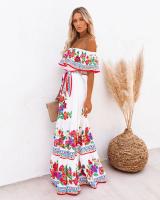 Vestido Largo para Mujer Verano 2025 Escote Palabra de Honor con Estampado de Flores Rojas - details 9