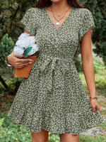 Vestido de manga corta con cuello en V y lazo floral de cintura alta estilo francés de verano para mujer - details 6