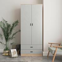 Armario alto de madera de roble de 2 puertas con 2 cajones de almacenamiento de dormitorio para colgar ropa (carcasa de roble + cajones grises) - details 3