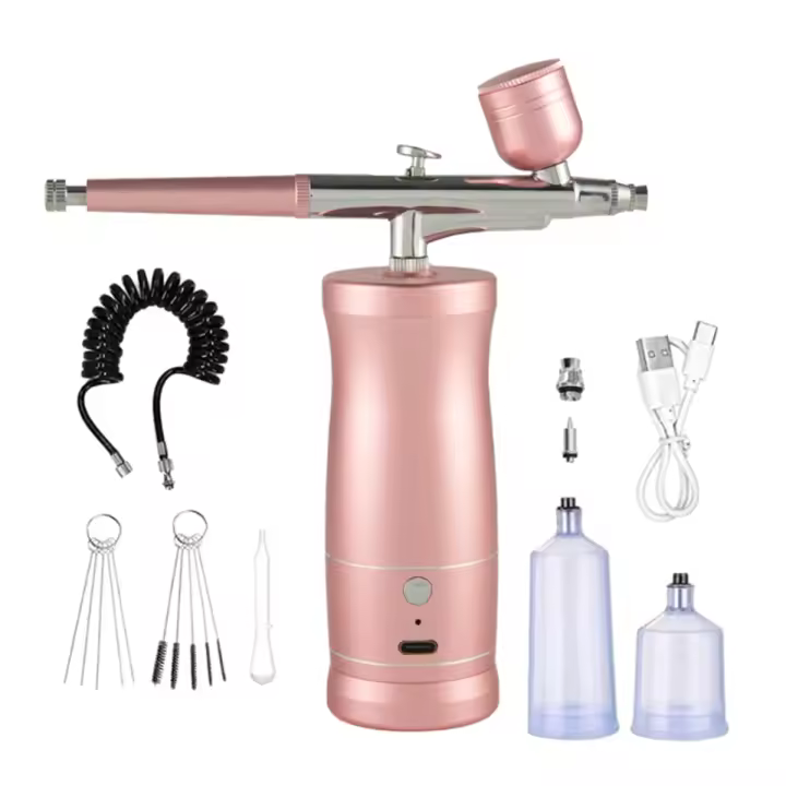 Kit de aerógrafo de mano recargable, compresor, juego de aerógrafo para arte de uñas, Barbero, maquillaje, pintura, Rosa - 1