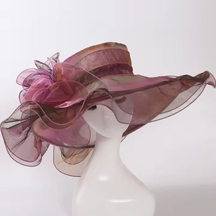 Elegante Sombrero de Derby de Organza Rosa Largo y Ancho con Estilo Floral - 1