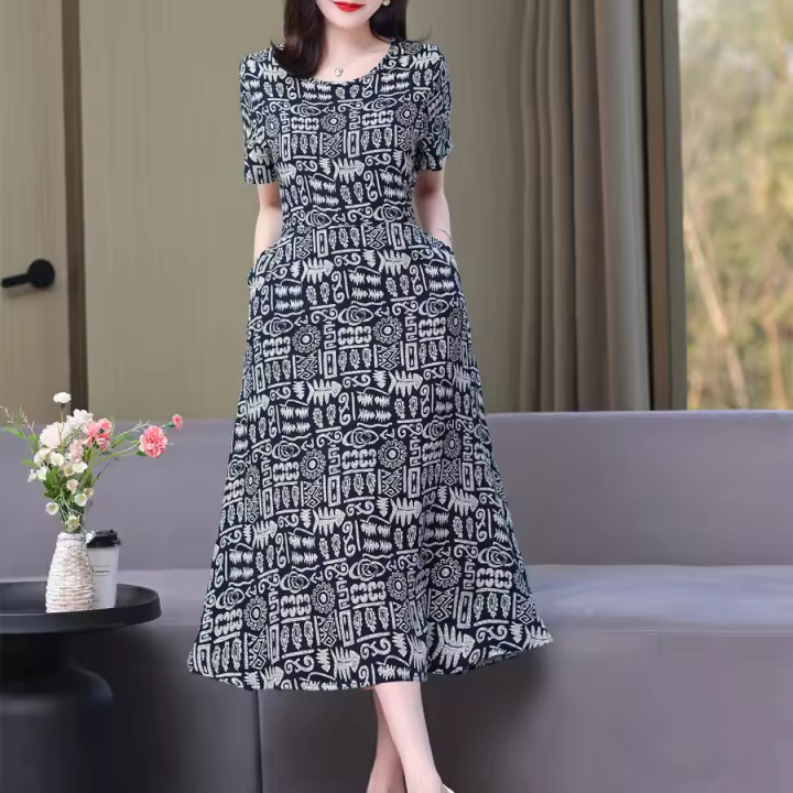 Nueva moda Casual 2024 vestidos elegantes de verano para mujeres cuello redondo estampado Vintage Vestido de manga corta ropa suelta de mujer - 1