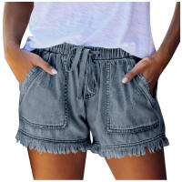 Pantalones Cortos de Denim Tendencia de Verano Cintura Elástica con Cordón, Borda con Flecos, Pocket para Mujer - details 2