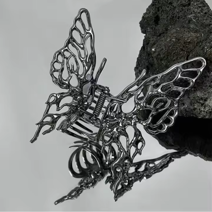 Pinza para el cabello en forma de mariposa de plata brillante con geometrías y rosa para mujeres y niñas, accesorio de moda para peinado. - 1