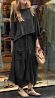 Conjunto informal de 2 piezas para mujer, ribete elegante con cuello redondo, top suelto, conjuntos de falda de encaje irregular, otoño - details 7