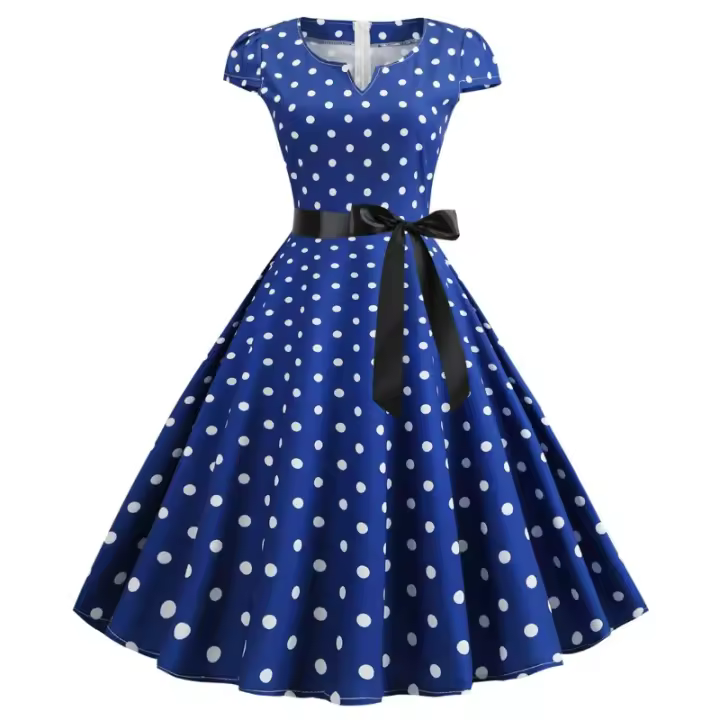 Ropa de mujer vintage, cuello medio abierto, mangas, estampado de cuerpo completo, falda de gran swing con cinta negra - 1