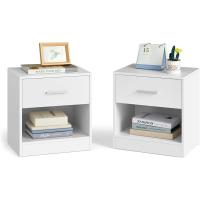 Juego de 2, Mesita de Noche, Mesa Auxiliar con Cajón, Asa, Compartimento Abierto, para Dormitorio, Salón, Blanco Clásico LET819T14 - details 0