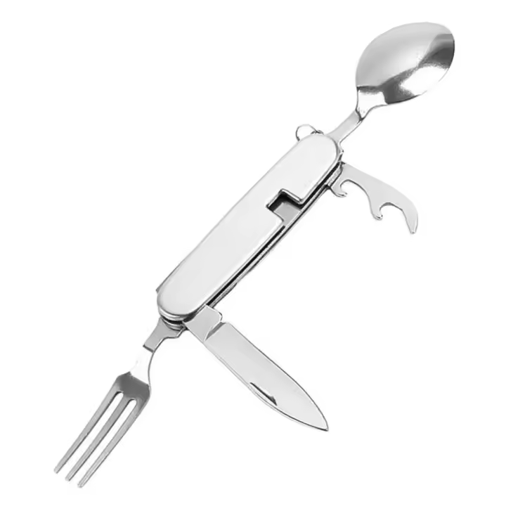 Cuchara, tenedor, cuchillo, abridor de botellas para villa al aire libre, acero inoxidable, 4 en 1, juego de camping plegable, juego de utensilios para picnic - 1