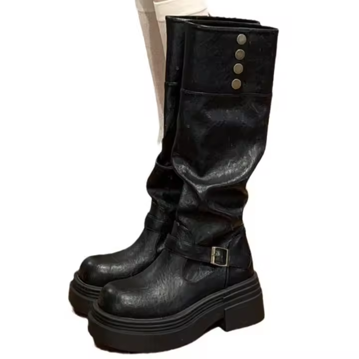 Botas de plataforma con tacón grueso estilo británico retro negro para mujer 2025 nueva temporada de primavera y otoño aumento de altura y botines delgados para hombre - 1