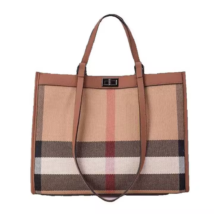 Bolsos de hombro de lona a cuadros de moda para mujer Bolso de piel de vaca Bolso de mano de cuero genuino de gran capacidad versátil clásico Mochila de lujo de alta gama - 1