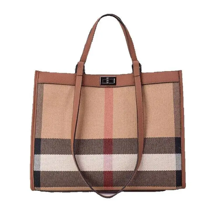 Bolsos de hombro de lona a cuadros de moda para mujer Bolso de piel de vaca Bolso de mano de cuero genuino de gran capacidad versátil clásico Mochila de lujo de alta gama - 1