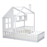 Cama de Madera Sólida con Ventana y Chimenea en Forma de Casa Caja de Cama de Almacenamiento con Persianas Blanco Muebles y Organización - details 0
