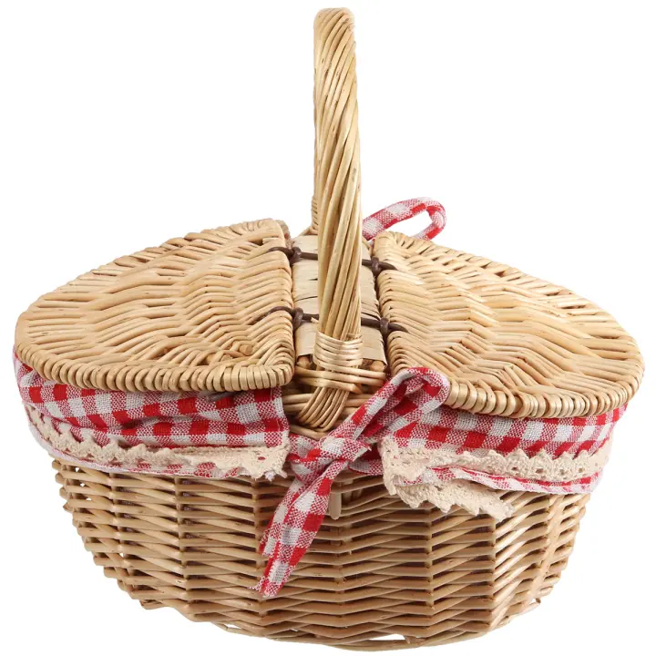 Cesta de Picnic de mimbre de estilo campestre con tapa y Asa y forros para Picnics, fiestas y barbacoas - 1