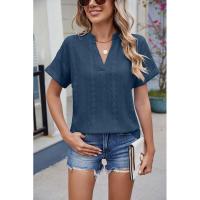 BUNO-2025 Blusas informales para mujer, camisas holgadas de manga corta con cuello de pico de Jacquard bordado a la moda, Tops elegantes de colores sólidos para verano - details 8