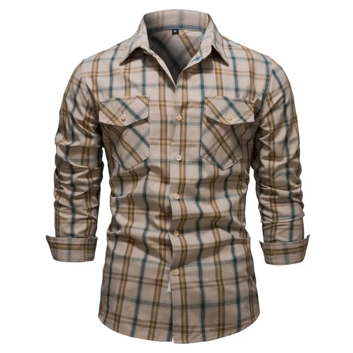 Camisa profesional ligera de manga larga a cuadros para hombre, camisa casual de moda con bolsillo de talla americana. - 1