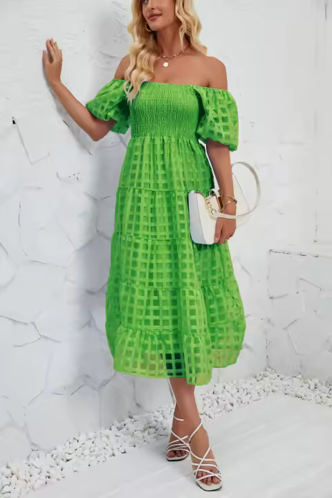 Vestido largo de verano con burbujas, falda acampanada de playa en capas fluidas de manga corta con forro para mujer - 1
