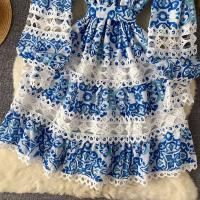 Minivestido ajustado con agujeros y manga acampanada para mujer, minivestido con estampado ral, cuello levantado, con cordones y cintura alta - details 21