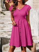 Nuevo vestido de manga corta elástico con cintura con botones y cuello en V para mujer - details 28