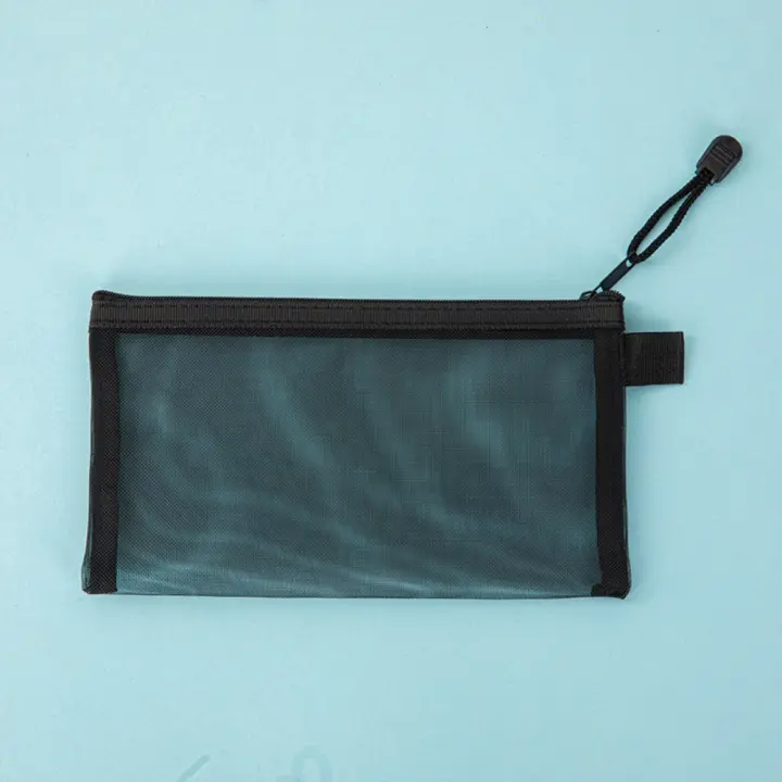 Estuche para lápices con cremallera transparente de nailon, bolsa de maquillaje con cremallera, bolsa de papelería transparente, Estuche De Viaje, bolsa de almacenamiento de cosméticos de malla de Color sólido - 1