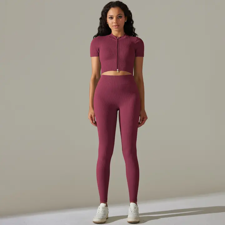 Nessaj-top corto de manga corta sin costuras para mujer, leggings acanalados con cremallera para gimnasio, ropa de yoga, traje de fitness, chándal para mujer - 1