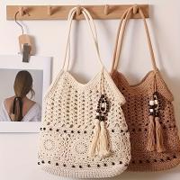 Bolso tejido de hilo de moda con borlas de cuentas de madera, un nuevo bolso de paja con diseños recortados, perfecto para vacaciones y salidas a la playa, un accesorio versátil para mujeres. - details 10