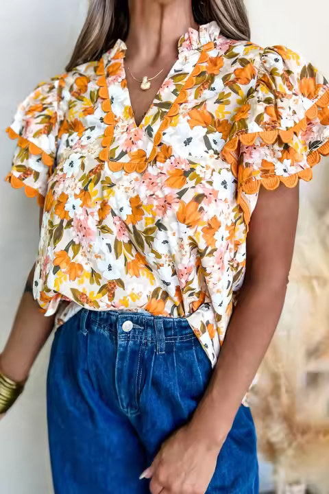Elrachen Blusa floral de manga corta festoneada con cuello en V y volantes para mujer, naranja canela, tallas S-XL - 1