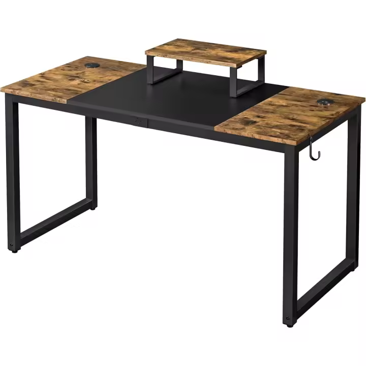 Mesa Escritorio con Soporte Monitor Mesa de Ordenador de Estilo Industrial Mesa Oficina Estudio con 2 Ojales para Cables/Gancho Marrón Rústico 140x60x89cm - 1