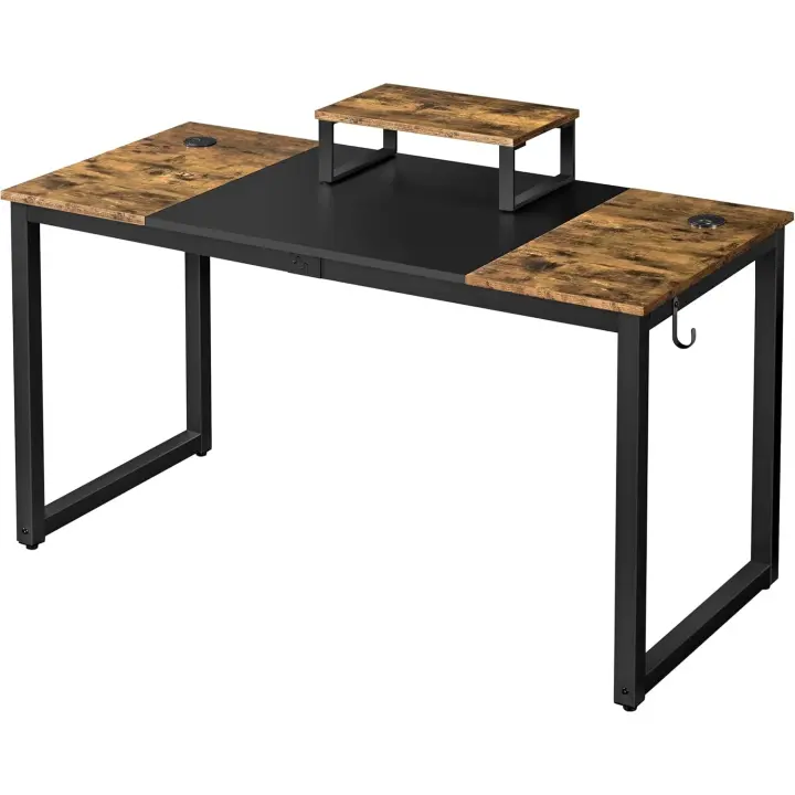 Mesa Escritorio con Soporte Monitor Mesa de Ordenador de Estilo Industrial Mesa Oficina Estudio con 2 Ojales para Cables/Gancho Marrón Rústico 140x60x89cm - 1