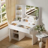 Tocador de Maquillaje Moderno con Espejo Grande y Luces LED Brillo Ajustable, 3 Estante Abiertos, 2 Cajones y Armario Lateral Ideal para Dormitorio Blanco - details 6