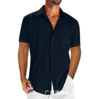 Camisa de algodón y lino de manga corta para hombre, casual, de color sólido, con encaje, de Mov Summer. - details 6