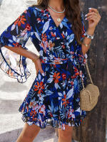 Vestido de primavera y verano para mujer, Media manga, estampado de flores, elegante cuello en V, informal, línea A, hasta la rodilla, cintura alta - details 17