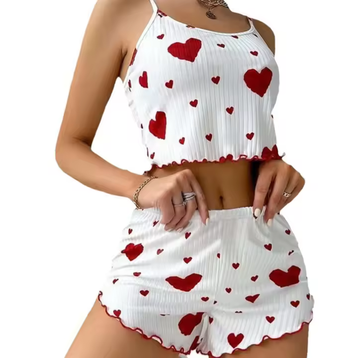 Novedad de verano, conjunto de pijama para mujer, transpirable, suave, informal, diseño estampado de amor, pantalones cortos con tirantes, pijamas - 1